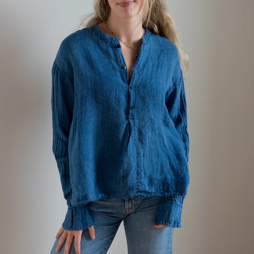CP Shades Ariana linen mandarin collar popover button down shirt oversized boxy
